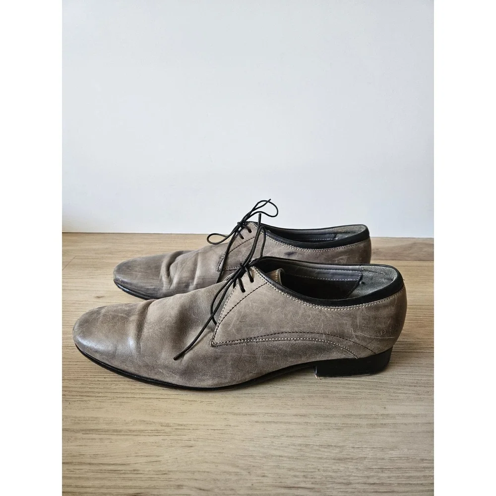Ted Baker‎ Men's Distressed Leather Derby Dress Shoes Gray Taupe Almond Toe Lace